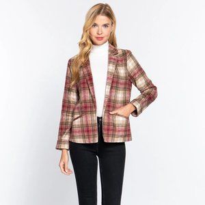 New Women's Wine & Brown Notched Collar Plaid Jacket